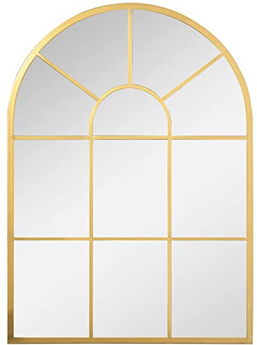 HOMCOM Miroir Mural arqué 70 x 50 cm, Miroir verrière Arche Style Industriel, Miroir de fenêtre arqué avec Cadre métallique, pour Salon, Chambre, Couloir, doré
