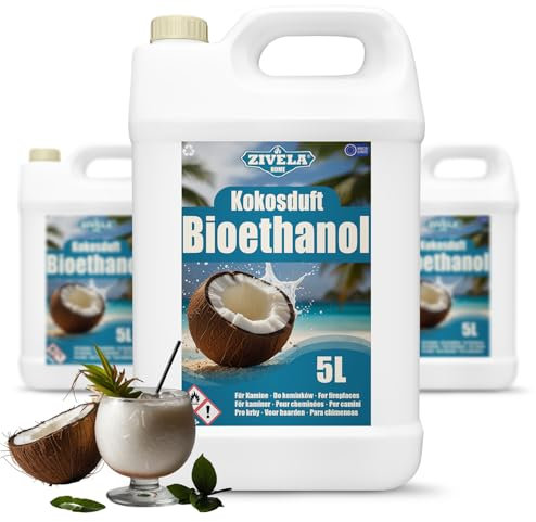 Bioethanol 96,6% 15L | Bio Alkohol Kokosnussduft 96,6% 3x5L | Bioethanol für Kamin, Tischkamin, Bioethanol Kamin | Bioethanol Kokosnussduft| Saubere Verbrennung, ohne Rauch, lebendige Flamme