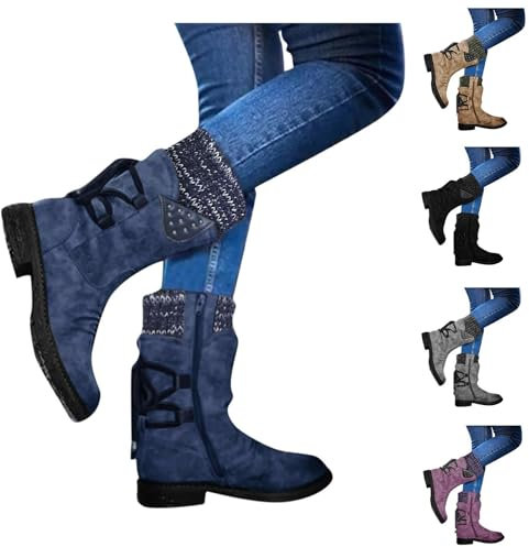 Stiefeletten Damen Vintage Schuhe Damen Mittelalter mit Niedrigem Absatz Winterstiefel Schnürboots Elegant Bequeme Warm Chelsea Stiefel Damen Winterschuhe Freizeit Halbhoch Boots Damen Cowboy Stiefel