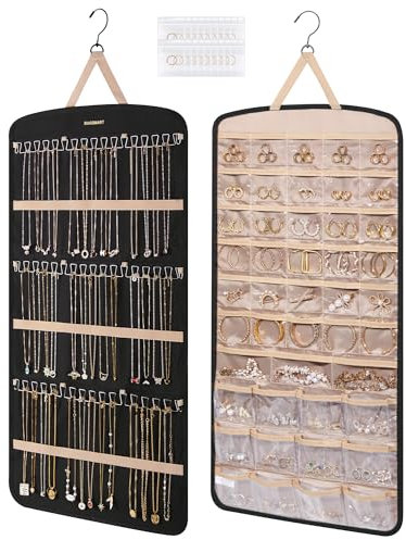 bagsmart Hanging Jewelry Organizer, Necklace Holder Anti-tangle Earrings Rings Hanger with Pockets Hang on Closet, Wall, Door,1 Piece, Extra Large Black