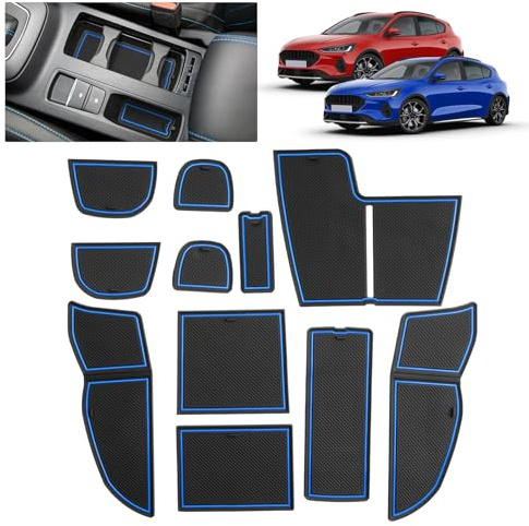 BSTW Auto Antirutschmatten für Ford Focus MK4.5 (2022-2025) | Originalgetreue Gummi Matte für Mittelkonsole, Getränkehalter & Türmulden | Passend für Ford Focus Active X (Blau)