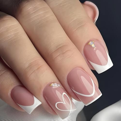 French Tip False Nails - Short Square Press on Nails, White Heart French Manicure Stick on Tips - Full Cover Wedding Fake Nail Tips - Nail Art
