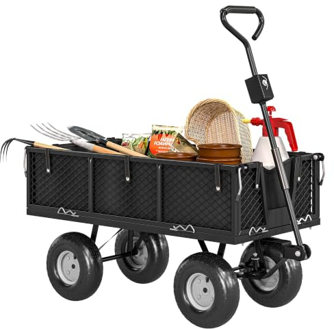 Outsunny Carrello da Giardino da 114L 4 Ruote Grandi 105x51x54 cm Nero | Capacità 200 kg, Carrello Spiaggia in Acciaio, Sacca Portaoggetti, Pareti Laterali Rimovibile, Maniglia Girevole