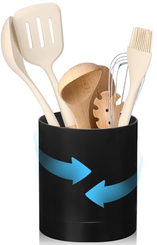 WDFCN Rotating Black Utensil Holder Plastic Kitchen Utensils Caddy 360°Cutlery Holder 3 Compartment Utensil Pot Rotating Utensil Organizer Utensil Crocks For Kitchen Countertop