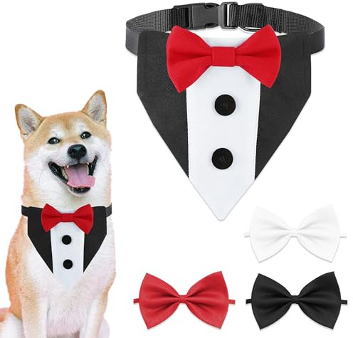 PYSEOSISE Hunde Smoking Bandana, Hund Smoking Bandana Halsband, Verstellbar Krawatte Haustier und 3 Stück Hundehalsband mit Fliege für Hunde und Katzen Hochzeit Party Fest Kostüm