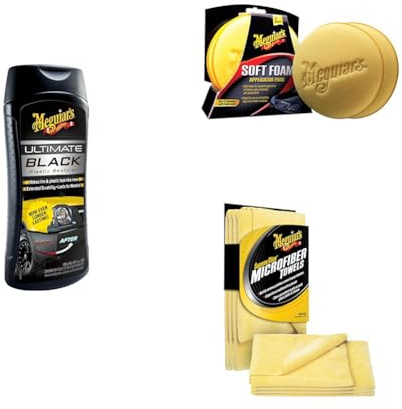 MEGUIAR'S G15812EU Ultimate Black Plastic & Trim Restorer 355ml, Rende Plastica Nera & Rifiniture Come Nuove - Include 4 Tamponi Schiuma Morbida & Panni Microfibra Supreme Shine per Pulizia Auto