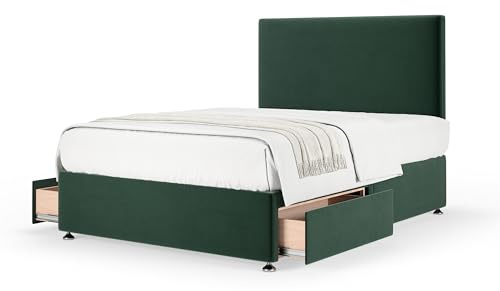 Bedmaster Plush Velvet Divan Base With Storage And Plain Headboard - Colour And Size Options (Green 2 Drawer, Single)
