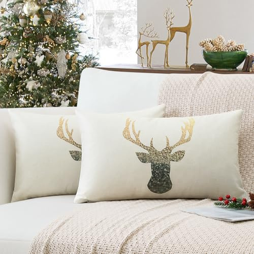 Sungeek 2er Set Weihnachten Kissenbezüge, Hirsch Doppelseitiges Muster Dekorative Zierkissenbezüge Winter Kissenbezug Weihnachtsdeko Kissenhülle für Sofa Schlafzimmer Wohnzimmer (30x50 cm, Golden)