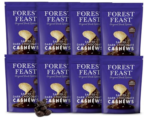 Forest Feast Salted Dark Chocolate Cashews 120g Pack of 8 – Roasted Cashew Nuts Fully Dipped in Belgian Chocolate with Cocoa Dusting – Sweet and Salty, Vegan, Gluten Free Snack Resealable Bags