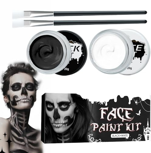Halloween Gesichtsbemalung Set, Schwarz Weiß Schminke Körperfarbe mit Schminkpinseln, Schwarz Weiß Clown Make-up Farben Set für Fasching, Karneval & Halloween