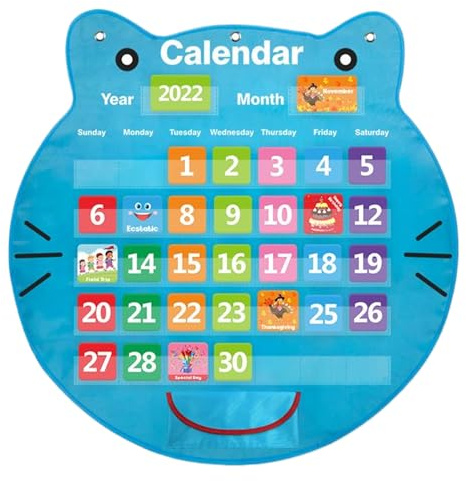 Niesel Taschenkalender für Klassenzimmer | Katzenkopf Kalender mit Karten für Klassenzimmer, Lehrtafel zum Lernen, Material für Kindergarten und Grundschule, Lehrer Kinder
