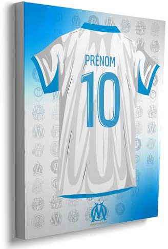 Toile Personnalisable Maillot Olympique de Marseille – 50x40 cm | Prénom & Numéro | Produit Sous Licence Officielle OM | Cadeau Supporter Foot – Décoration Murale “Droit au But” | Fabriqué en France