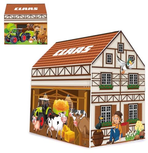 JAMARA 460754 Claas Spielhaus Bauernhof, Offiziell lizenziert, Indoor geeignet, Zelt mit Türöffnung, einfache Montage durch steckbare Elemente, platzsparend demontierbar