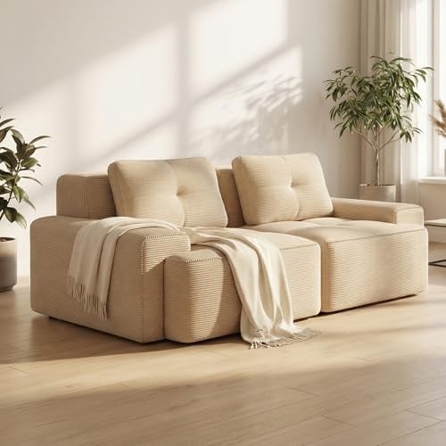 GRAVFORCE Ecksofa Schlafsofa, 204 cm breit modulares Sofa mit breiter & tiefer Sitzfläche, Cordstoff Velours, Ohne Montage für Schlafzimmer & Wohnzimmer (Beige, 2-Sitzer)