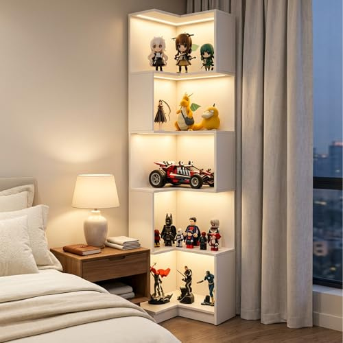 IGTOPS estantería de esquina, estantería de madera, 5 niveles, estantería de esquina para libros, 175 cm gran estantería moderna de esquina, estantería independiente, vitrina para esquina, salón