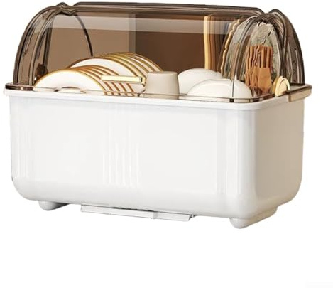 Escurreplatos cubierto para encimera con tapa y escurridor extraíble, escurridor de platos que ahorra espacio, contenedor de almacenamiento de cubiertos cerrado blanco para organización de cocina