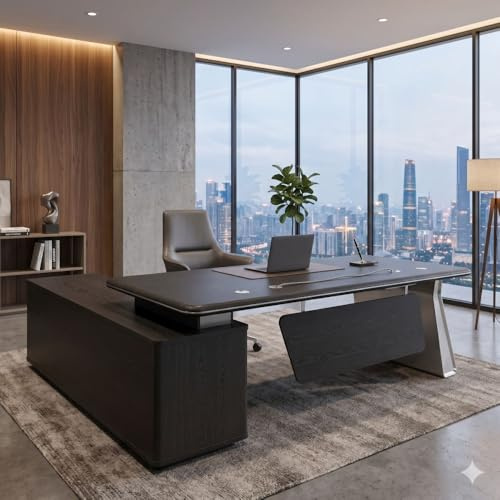 Jet-Line® Chef Eckschreibtisch Porto Schwarz 220x180x78 cm Büromöbel mit Sideboard und Kabelmanagement