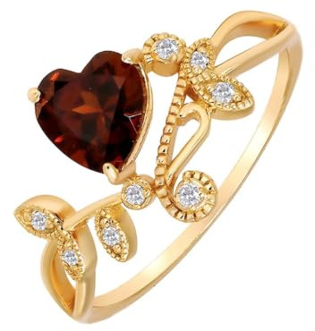 Au 375/585/750 Gelbgold Echte Pärchen Ringe mit Herz Rot Granat, Herz Blatt Gold 9K/14K/18K Partnerringe Moissanit