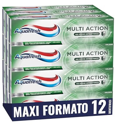 Aquafresh Multi-Action-Zahnpasta für die ganze Familie, verhindert Karie, gesundes Zahnfleisch, frischer Atem, entfernt Flecken, starker Nagellack, 12 Zahnpasten x 75 ml