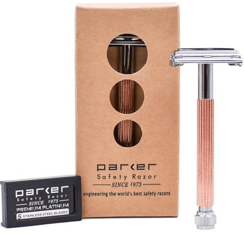 Parker, 29L Rotgold, langer Griff, Schmetterling, offen, doppelschneidig, Rasierhobel für Damen und Herren, 5 Parker Premium Platinum Doppelkanten-Rasierklingen im Lieferumfang enthalten