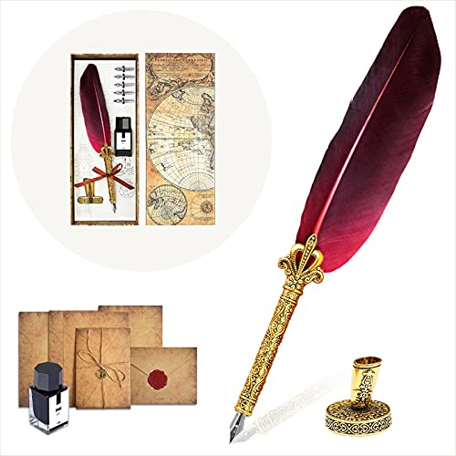 theFIU Quill Pen and Ink Set, Upgraded Fountain Pen for Writing, Calligraphy Set for Beginners, Handcrafted Feather Pen with a Stationery Set, Red
