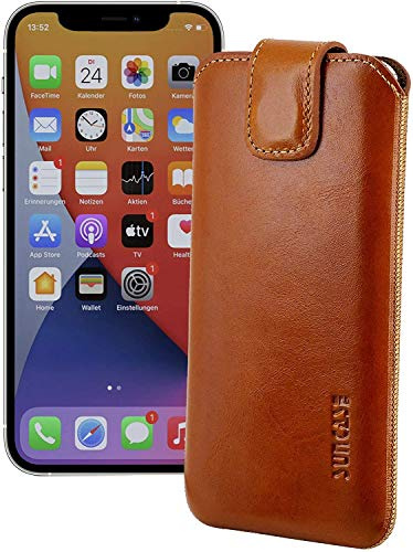 Suncase ECHT Ledertasche Leder Etui Tasche kompatibel mit iPhone 12 Mini (5.4) Hülle (mit Rückzugsfunktion und Magnetverschluss) Cognac