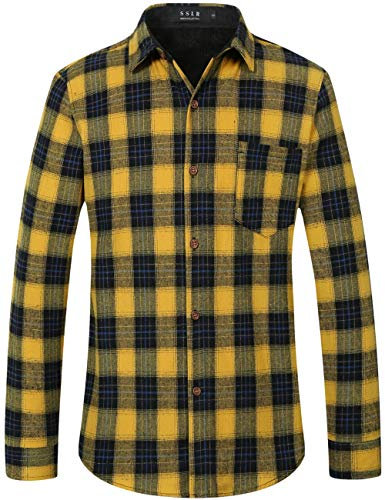 SSLR Chemise en Flanelle pour Homme - Décontractée - Bouton Down brossé - Manches Longues - Chemise à Carreaux pour Homme, Jaune, Noir, Bleu., S