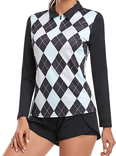 Soneven Polo Camiseta Manga Larga Mujer Deporte Camisetas Golf Polo Shirt Mujer Transpirable Trabajo Rejilla de Diamante M