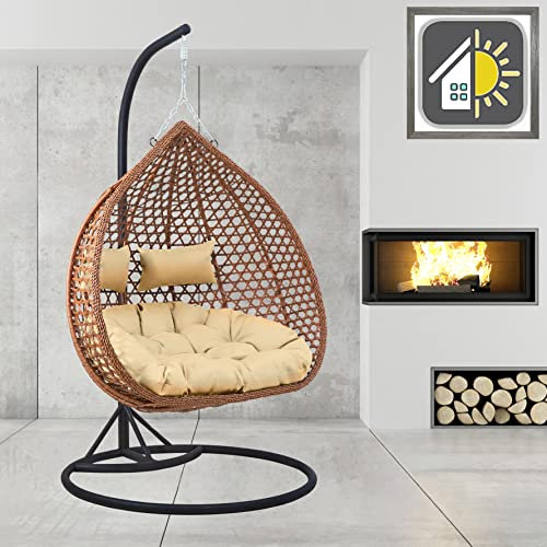 GOODS EMPORIUM Luxury Hanging Rattan Double Egg Chair Indoor & Outdoor Garden Swing Chair Cocoon Relaxing Hammock with Cushions - RAIN COVER INCLUDED (Double, Black - Brown - Beige)