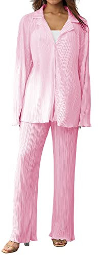 Bellezasourire Zweiteiler Damen Sommer Plissee Set Elegant Hosenanzug Button Down Langarmshirt + High Waist Freizeithose Weite Hose Sommer Herbst Outfit Casual Loungewear Streetwear(M,Rosa)