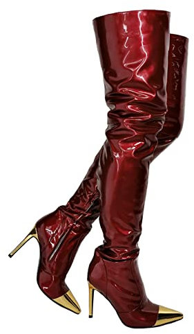 woileRQ Stivali Alti alla Coscia in Pelle Verniciata Bordeaux da Donna, Stivali sopra Il Ginocchio con Cerniera Laterale, Stivali Lunghi con Tacco a Spillo alla Moda, Stivali Occidentali,Burgundy,47