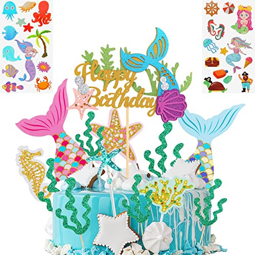 Meerjungfrau Tortendeko Kindergeburtstag 15Stk Glitzer Happy Birthday Meerjungfrau Geburtstag Deko Mädchen mit Meerjungfrauenflosse Sticker Meerjungfrau Schwanz Seestern für Ozean-Mermaid Themenparty