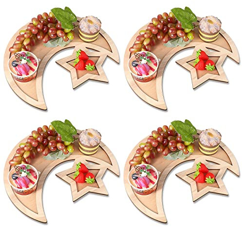 Nuenen 4 Stück Ramadan Tablett Mond Stern Holz Eid Mubarak Teller Ramadan Geschirr Serviertablett Display Dekoration Essen Ramadan Dessert Tablett für Haus Party Dessert Obst Snack Halter
