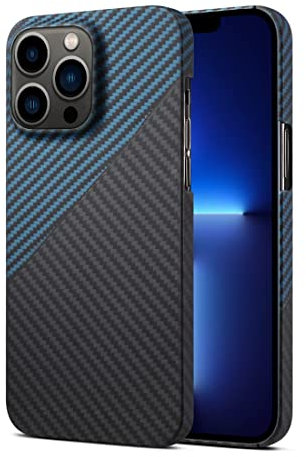 for iPhone 13 Pro Max Carbon Fiber Case,Real Rare Aramid Carbon Fiber Bumper Cover kevlar case,Lightweight, Anti-Scratch Protector,Full range of iphones(S1,Black Blue)