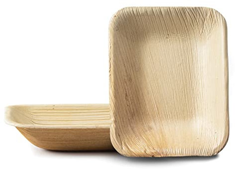 Decorline Plateaux jetables en feuille de palmier | 40 Plateau rectangulaires | 16cm x 12cm | Plateau - Stable - décoratif | Plaque de Service de fête compostables | Vaisselle de palmier jetable