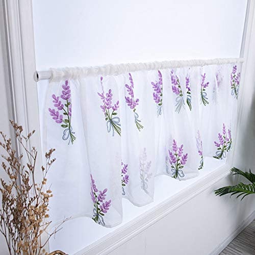 LIZHOUMIL Kitchen Curtains Flower Embroidery Net Curtain Pastoral Shade Kitchen Curtains Half Curtain Short Panel Drapes purple 100X50CM wear rod