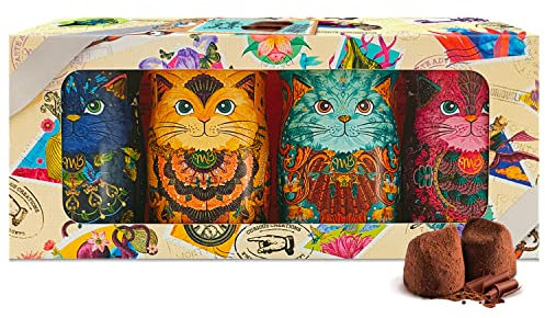 Monty Bojangles Kit-Tins Schokoladentrüffel (4 x 36g) Truffle Pralinen mit Kakao bestäubt Pralinen, Schokolade Sammlerdose mit Katzen-Design, Geschenkset mit vier Geschmacksrichtungen