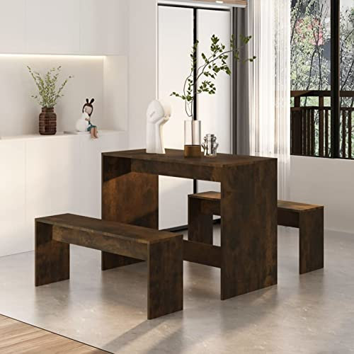 Homgoday 3-TLG. Essgruppe Sitzgruppe Essgruppe Esszimmergarnitur Holztisch Esszimmerstühle mit Esstisch für Esszimmer, Küche, Wohnzimmer Räuchereiche Holzwerkstoff