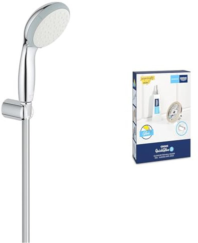 GROHE Vitalio Go 100 &; QuickGlue S1 – Handbrause-Set (Regenstrahl-Handbrause 100mm, Anti-Kalk-System, ShockProof Silikonring, Brauseschlauch 1750 mm, Wandhalterung), chrom, 26198000