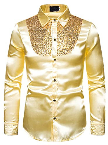 Loalirando Chemise à Paillettes Homme Disco Fête Cérémonie, Chemisier Brillant Boutonné Col à Revers à Manches Longues Slim (Doré, L)