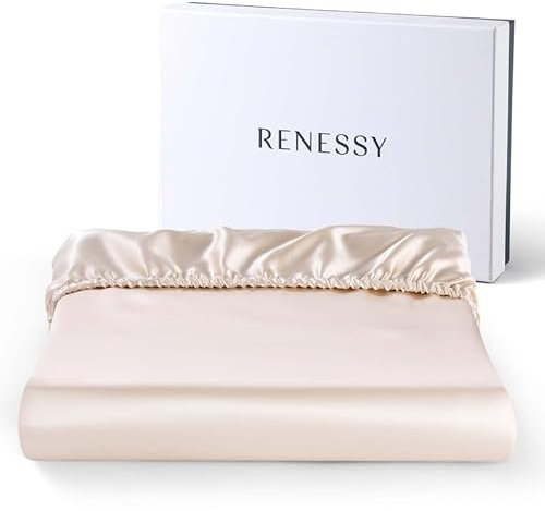RENESSY Sábana Bajera Ajustable en Seda 100% Orgánica 160x200 cm - 22 Momme Seda de Morera, Grado 6A, Certificada por Oeko-Tex en Alemania - Apta para Colchones hasta 30 cm (Champán)