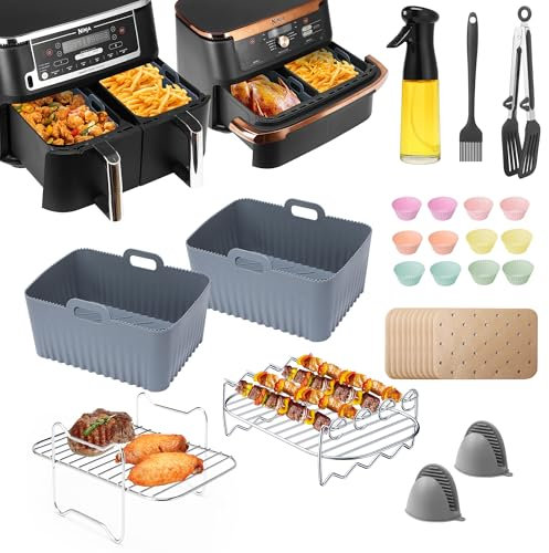 ENSINE Accessoires Air Fryer pour Ninja Double Zone AF400EU, AF500EU, 9L-10.4L Friteuse à Air,avec Moule Silicone, Moule Gateau,Spray Huile Cuisine, Papier Cuisson,Grille AirFryer etc