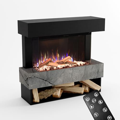 GLOW FIRE Kaminofen PR5 mit realistischem 3D E-Motion LED-Feuer - Stand-Elektrokamin mit Heizung, Kaminfeuer & Timer, max. 1500 W, 111x103,8x35, Schwarz (Marmor)