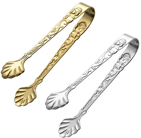 2 Pcs Stainless Steel Tongs Sugar Cubes Tongs Mini Serving Tongs with Embossed Rose Flower for Sugar Cubes, Ice Cubes, Etc