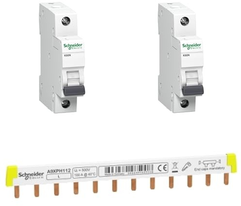 Bundle aus Schneider Electric A9XPH112 Phasenschiene Steg, ablängbar, 1P, 12 TE, 100A + Schneider Electric Leitungsschutzschalter K60N 1P 10A B, A9K01110 (Packung mit 2)