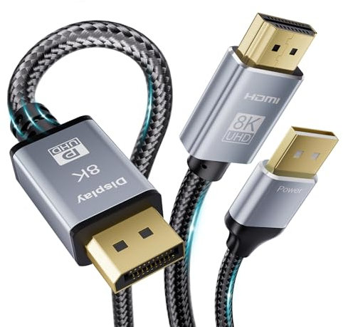 LUKFOCAB Câble adaptateur HDMI 2.1 vers DisplayPort 1.4 de 2 m, HDMI unidirectionnel vers port d'affichage prend en charge 8K @ 60 Hz, convertisseur HDMI mâle vers DP mâle pour ordinateur PC moniteur