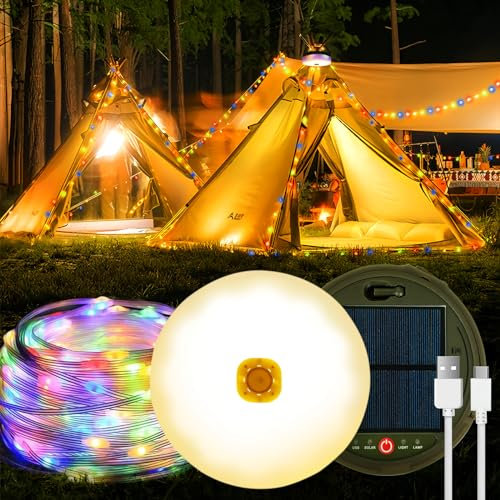 Stowable String Lights 39FT/12M 120LED, Solar Camping String Lights Reel, USB Rechargeable, Waterproof Retractable Camping String Lights for Outdoor, Indoor, Home, RV, Garden, Patio, RGB