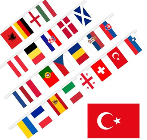 Euro 2024 Fußballflaggen Banner, 24 Länder Europäische String Flaggen, Eurovision Soccer Flaggen für Bar Club Garten Party Dekorationen (14 x 20,3 cm)