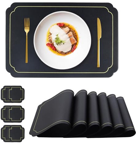 fanquare Black Placemats and Coaster Sets 6 Rectangular Faux Leather Placemats with Gold Border Heat Resistant Washable Non-Slip Tablemats for Dining Kitchen Table Wedding Decoration 45 * 30cm