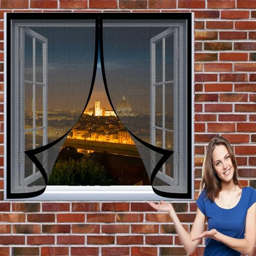 Kit Zanzariera per Finestra Grande 112 x 86 cm Tenda Zanzariera con Magneti Circolazione Dell'Aria Naturale Autoadesivo Zanzariera Zanzariere per Finestre per Finestre Schermo, Nero